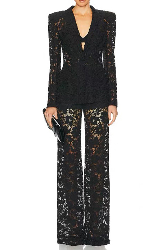 Floral Lace Blazer & Pants Set - Black