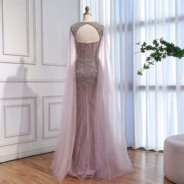 Luxury Silver Nude Crystal Beaded Mermaid Evening Dress