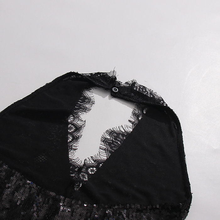 Halter Lace Hem Sequins Mini Dress