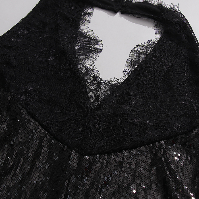 Halter Lace Hem Sequins Mini Dress