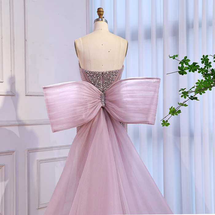 Luxury Designer Pink Mermaid Evening Dress with Big Bow