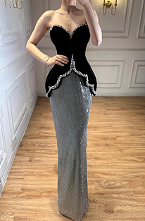 Luxury Black Strapless Beaded Mermaid Evening Dress