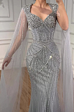Luxury Silver Nude Crystal Beaded Mermaid Evening Dress