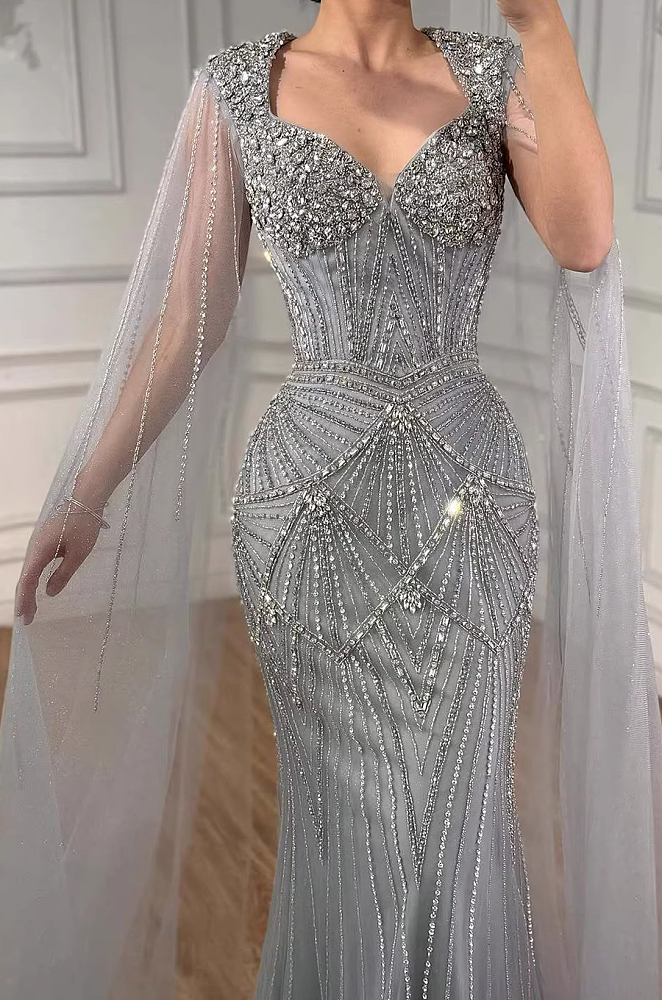 Luxury Silver Nude Crystal Beaded Mermaid Evening Dress