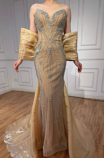 Luxury Designer Pink Mermaid Evening Dress with Big Bow