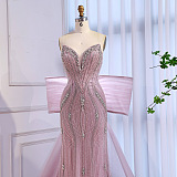 Luxury Designer Pink Mermaid Evening Dress with Big Bow