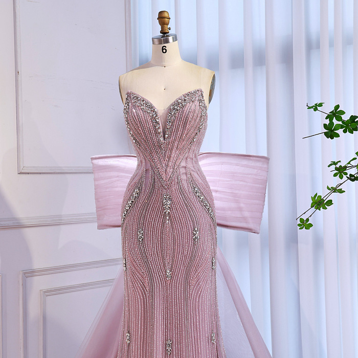 Luxury Designer Pink Mermaid Evening Dress with Big Bow