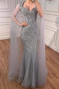 Luxury Silver Nude Crystal Beaded Mermaid Evening Dress