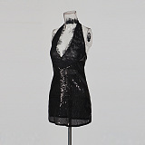 Halter Lace Hem Sequins Mini Dress