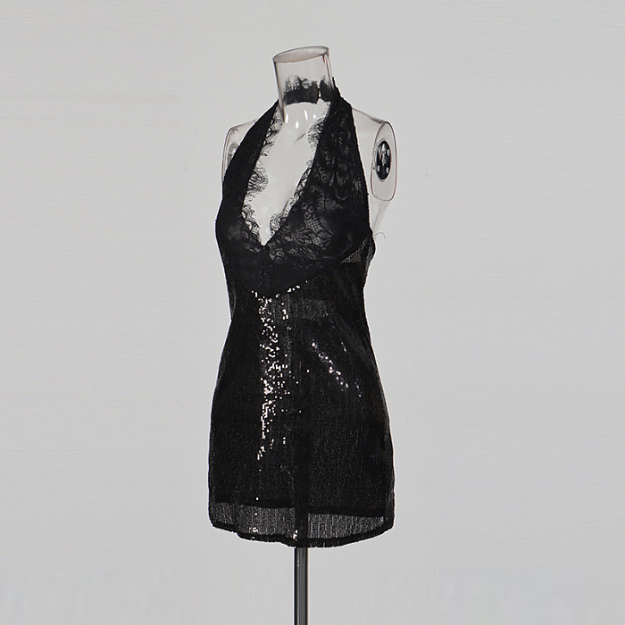 Halter Lace Hem Sequins Mini Dress