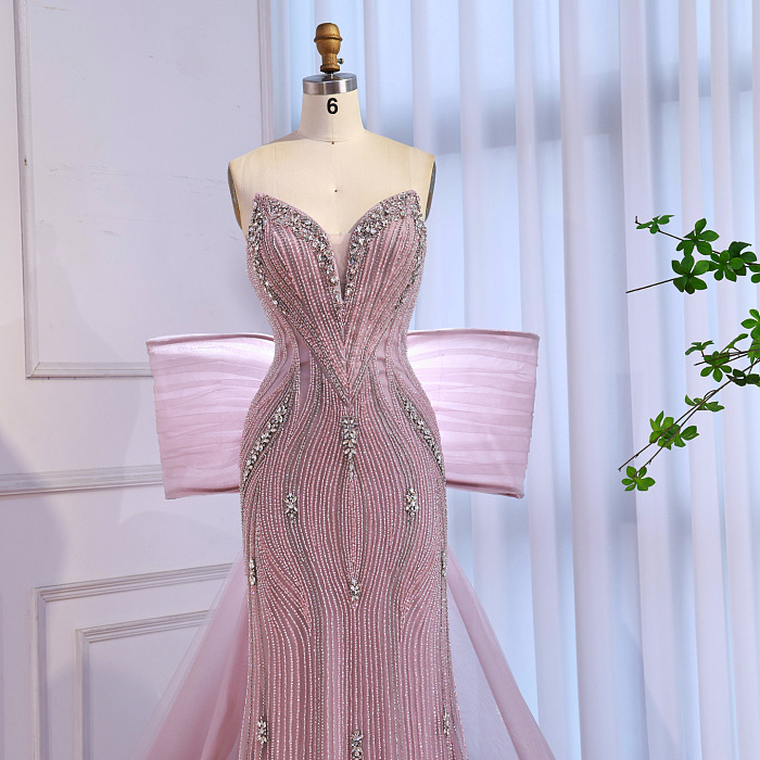Luxury Designer Pink Mermaid Evening Dress with Big Bow