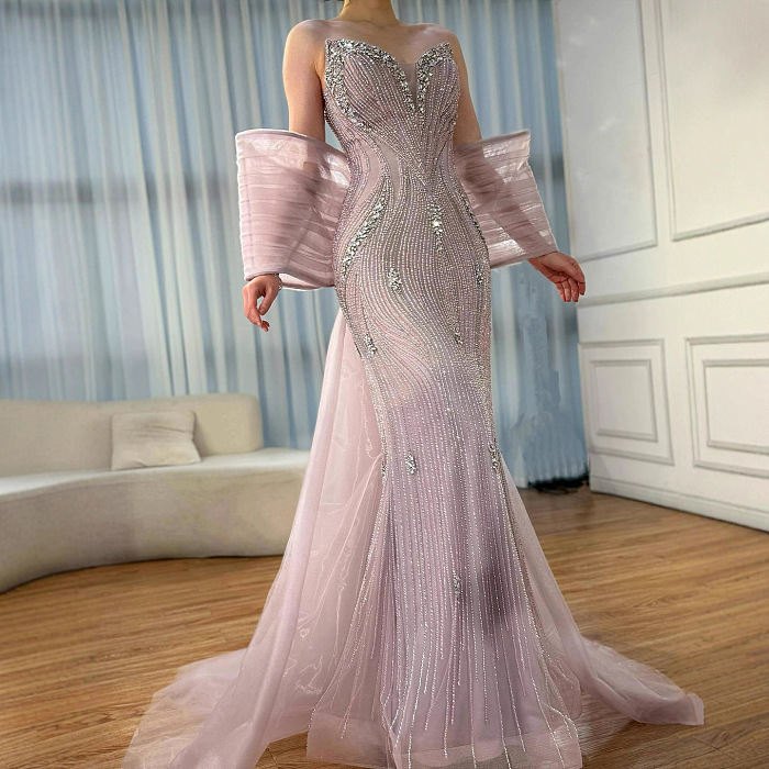Luxury Designer Pink Mermaid Evening Dress with Big Bow