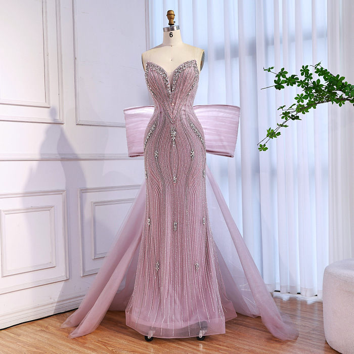 Luxury Designer Pink Mermaid Evening Dress with Big Bow
