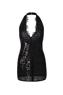 Halter Lace Hem Sequins Mini Dress