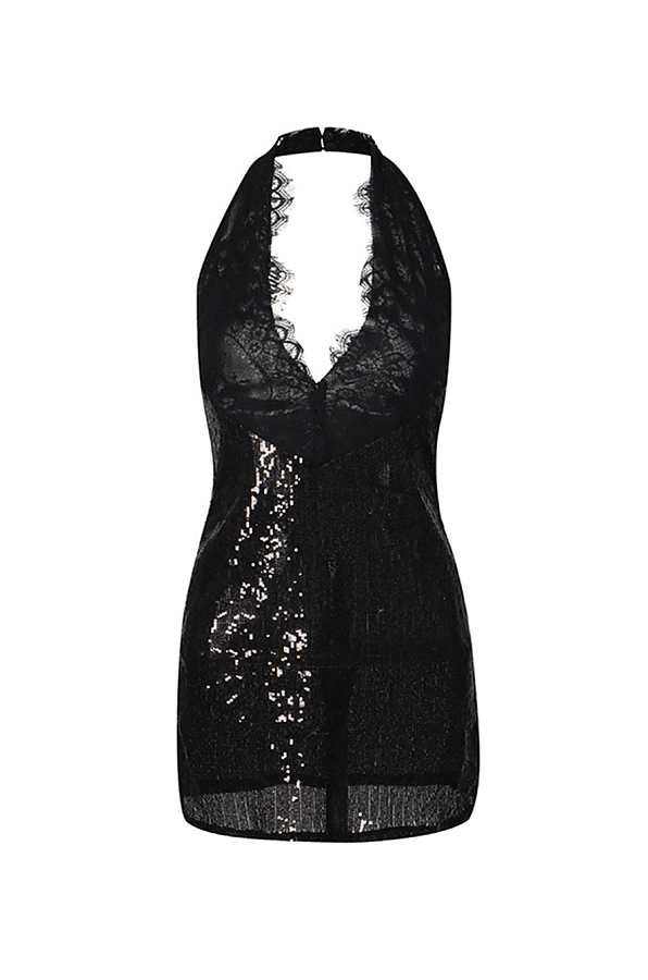 Halter Lace Hem Sequins Mini Dress