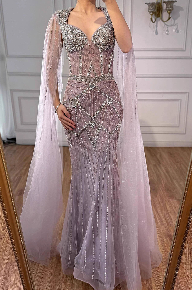 Luxury Silver Nude Crystal Beaded Mermaid Evening Dress