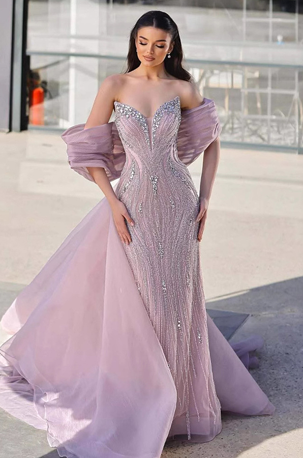 Luxury Designer Pink Mermaid Evening Dress with Big Bow