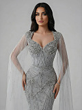 Luxury Silver Nude Crystal Beaded Mermaid Evening Dress