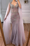 Luxury Silver Nude Crystal Beaded Mermaid Evening Dress