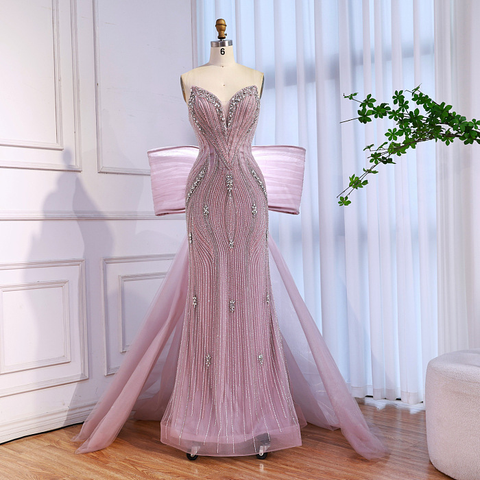 Luxury Designer Pink Mermaid Evening Dress with Big Bow