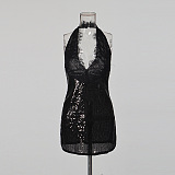 Halter Lace Hem Sequins Mini Dress