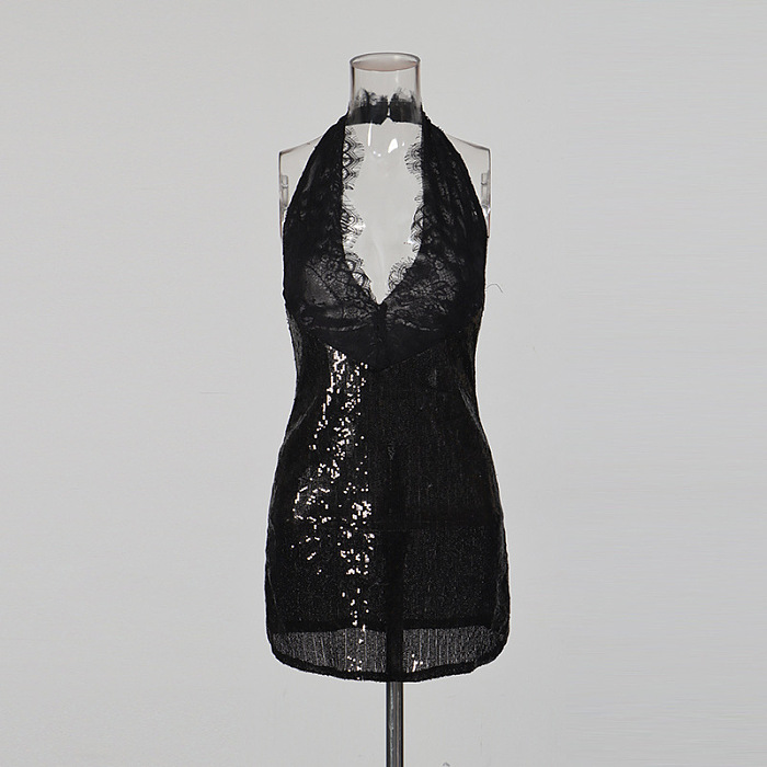Halter Lace Hem Sequins Mini Dress