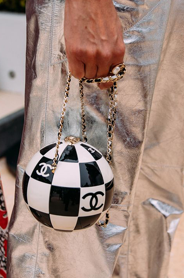 Chanel Black and White Resin and Enamel Checker Sphere Minaudiere Pale Gold Hardware