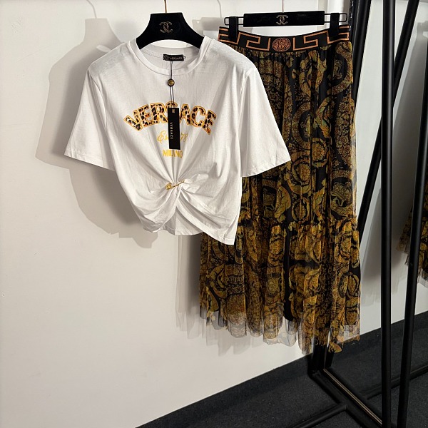 Versace Jeans Couture White Cotton T-shirt and Baroque Print Skirt