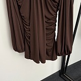 Brown Ruched Dress with Keyhole