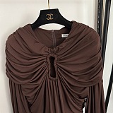 Brown Ruched Dress with Keyhole