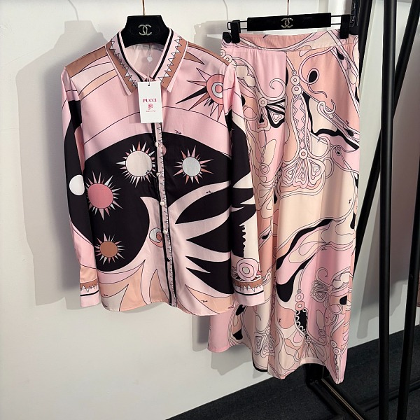 Emilio Pucci Pink & Black  Print Silk Co-ord Set