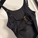Prada Black One-Piece Swimsuit with Gold-Tone Ring Details