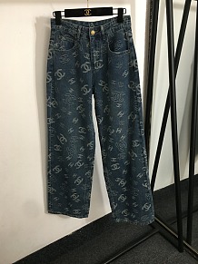 Chanel All-Over Logo Wide-Leg Jeans