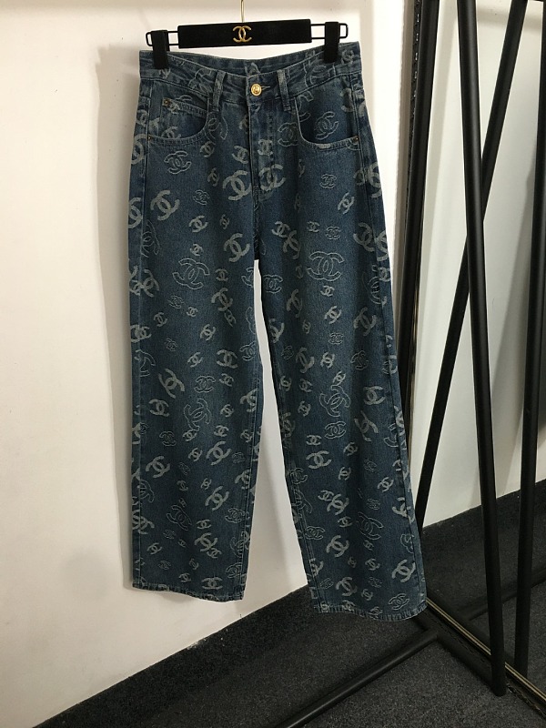 Chanel All-Over Logo Wide-Leg Jeans