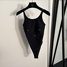 Prada Black One-Piece Swimsuit with Gold-Tone Ring Details