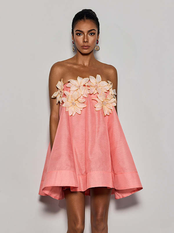 Gratho Strapless Flower Mini Dress In Coral