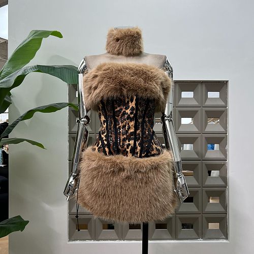 Animal Fur Sequin Skirt Set