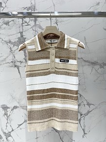 Miu Miu Striped Cotton Knit Polo Vest in Caramel