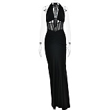 Halter Mesh Long Dress in Black
