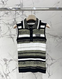 Miu Miu Striped Cotton Knit Polo Vest in Forest Green
