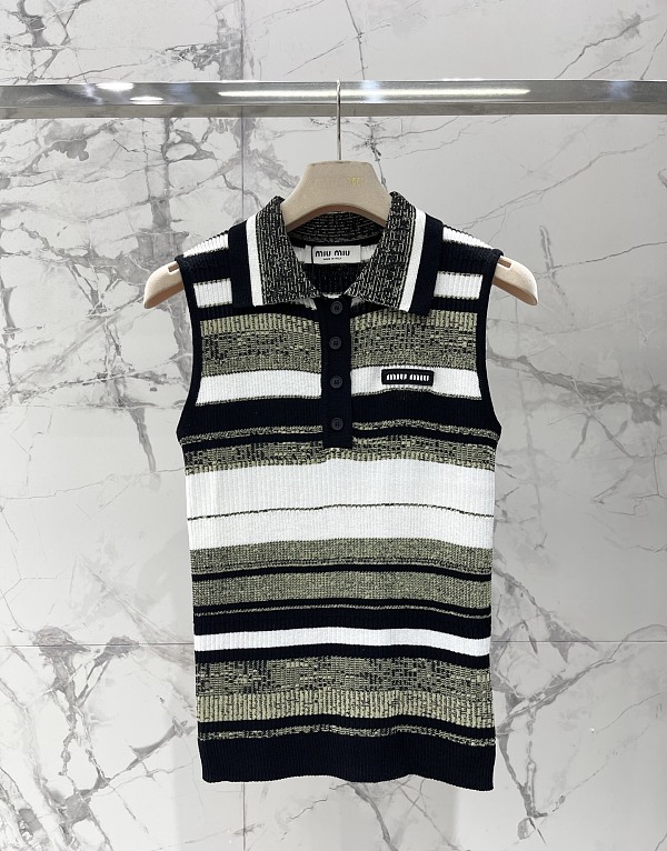 Miu Miu Striped Cotton Knit Polo Vest in Forest Green
