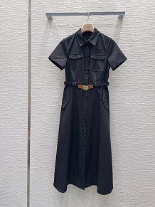 Miu Miu Belted Cotton Twill Shirt Dress in Black