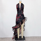 Halterneck Floral Ruffle Maxi Dress