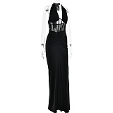 Halter Mesh Long Dress in Black