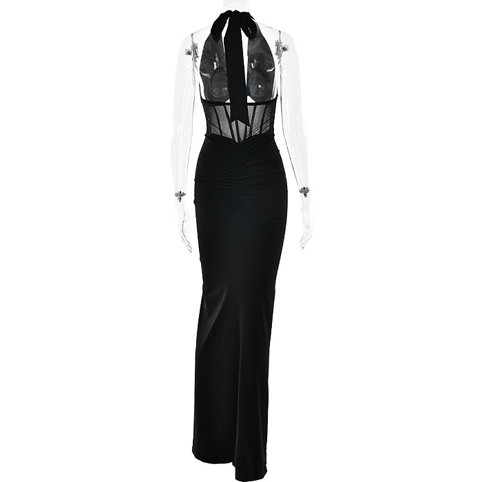 Halter Mesh Long Dress in Black