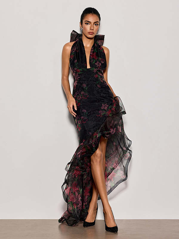 Halterneck Floral Ruffle Maxi Dress