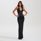 Halter Mesh Long Dress in Black