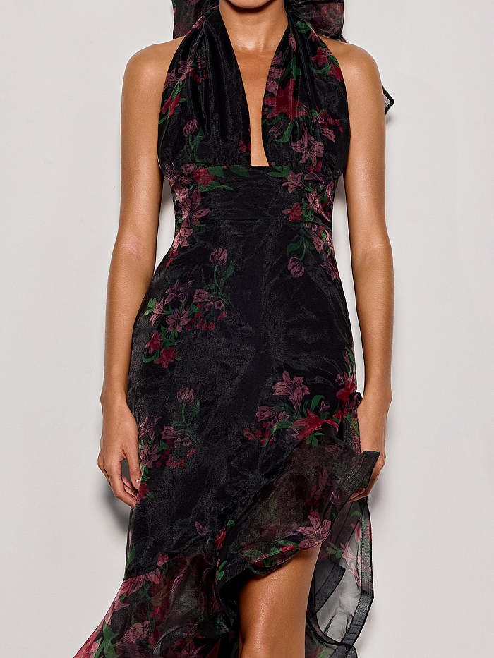 Halterneck Floral Ruffle Maxi Dress