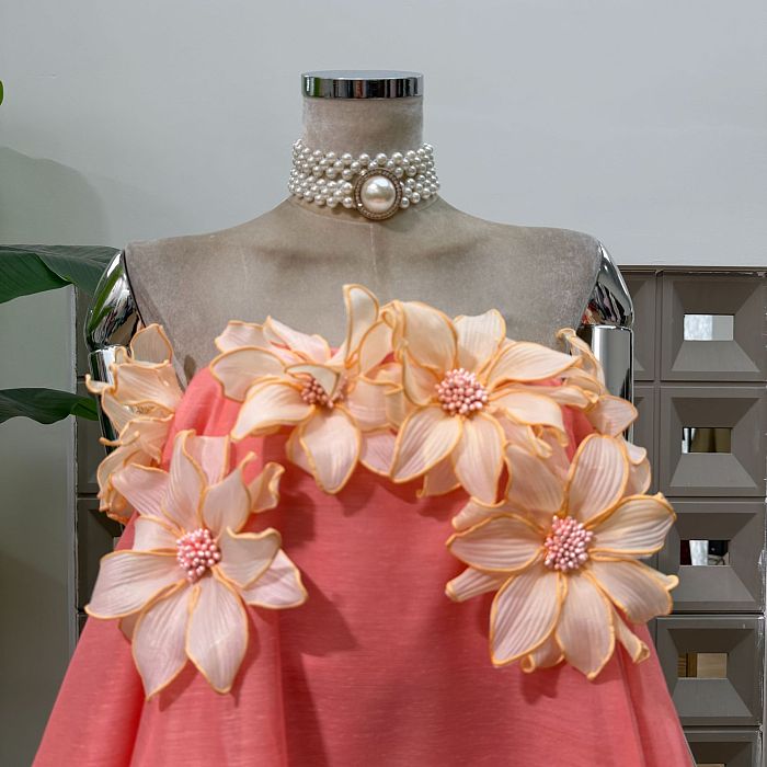 Gratho Strapless Flower Mini Dress In Coral