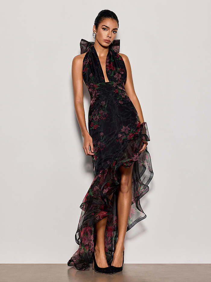 Halterneck Floral Ruffle Maxi Dress